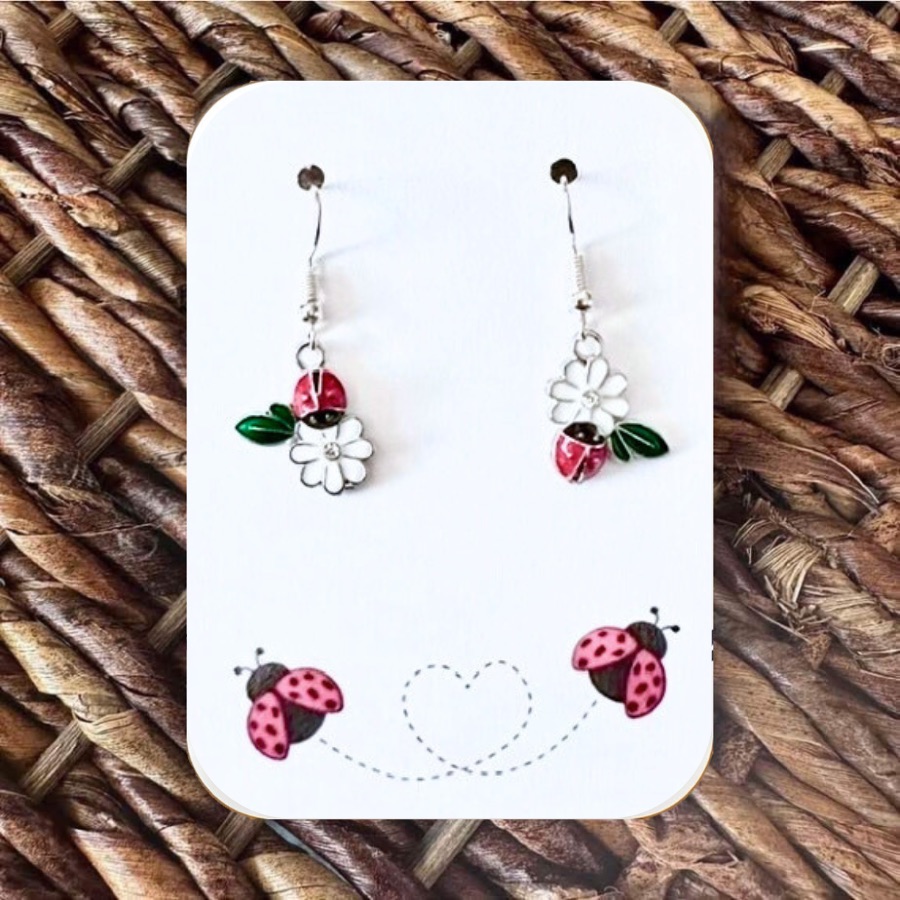 New Handmade Asymmetrical Silver-Tone Ladybug And Daisy Dangle Earrings 15$